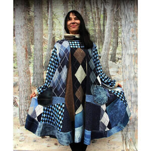 Comfy Long Tunic Dress Squares Sweaters Patchwork Denim Hippie Boho Lagenlook